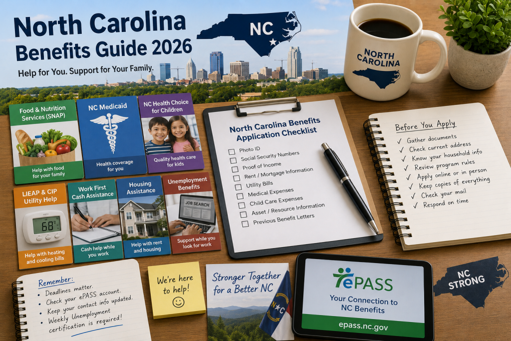 North Carolina benefits guide application documents for SNAP, Medicaid, LIEAP, housing assistance, cash help, and unemployment