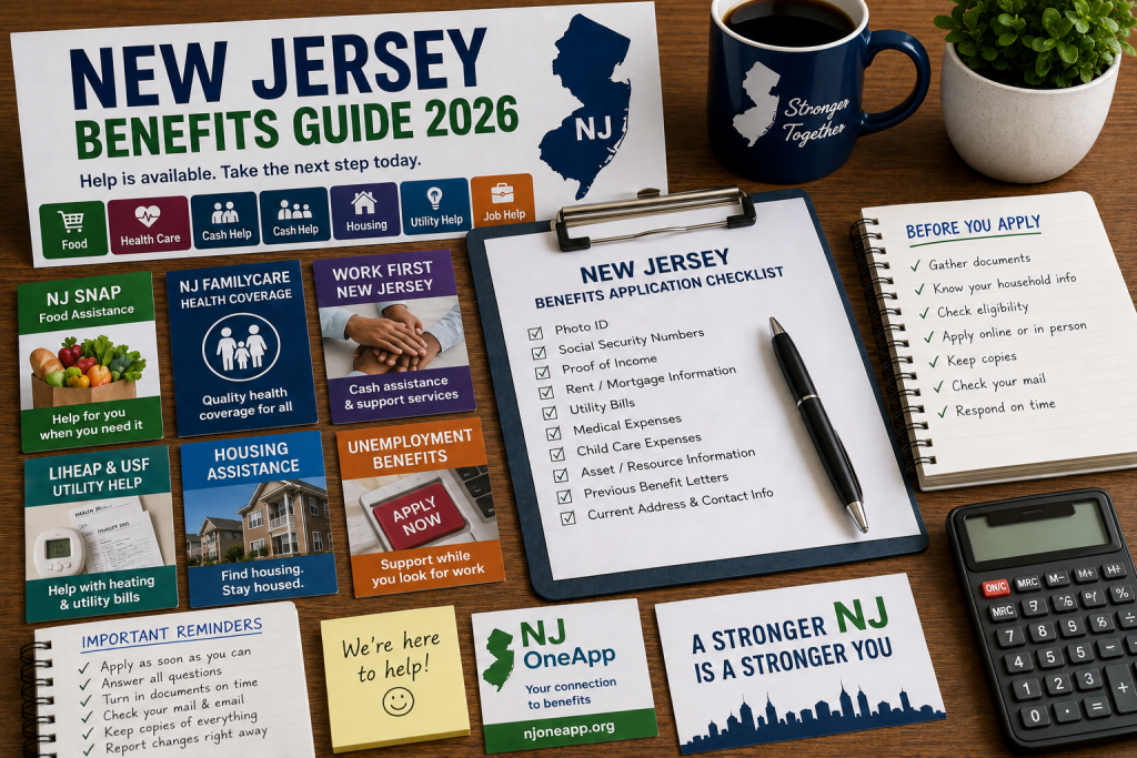 New Jersey benefits guide application documents for NJ SNAP, NJ FamilyCare, LIHEAP, housing assistance, cash help, and unemployment