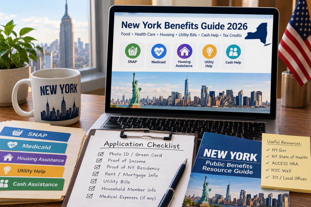 New York benefits guide application documents for SNAP, Medicaid, housing assistance, HEAP utility help, and cash support