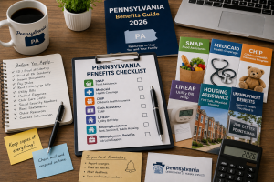 Pennsylvania benefits guide application documents for SNAP, Medicaid, CHIP, LIHEAP, housing assistance, cash help, and unemployment