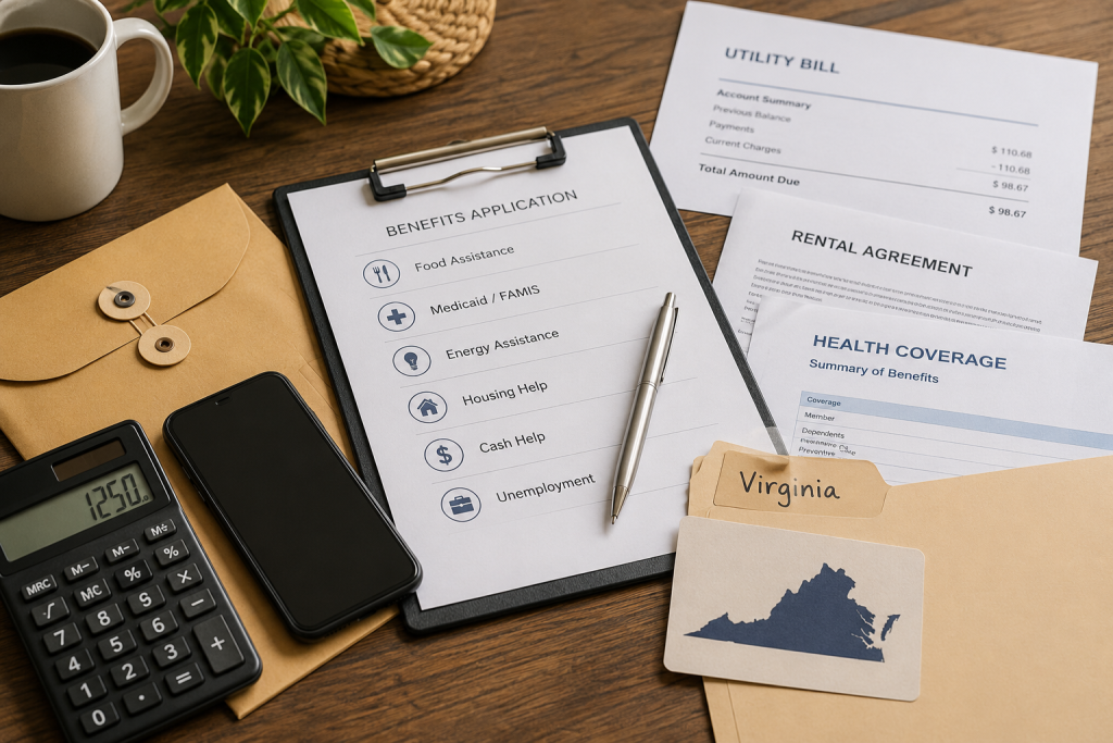 Virginia benefits guide application documents for SNAP, Medicaid, FAMIS, energy assistance, housing assistance, cash help, and unemployment