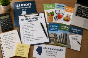 Illinois benefits guide application documents for SNAP, Medicaid, All Kids, LIHEAP, housing assistance, cash help, and unemployment
