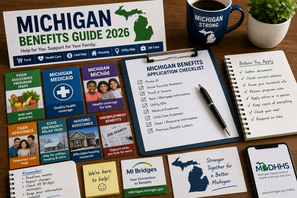 Michigan benefits guide application documents for SNAP, Medicaid, MIChild, State Emergency Relief, housing assistance, cash help, and unemployment