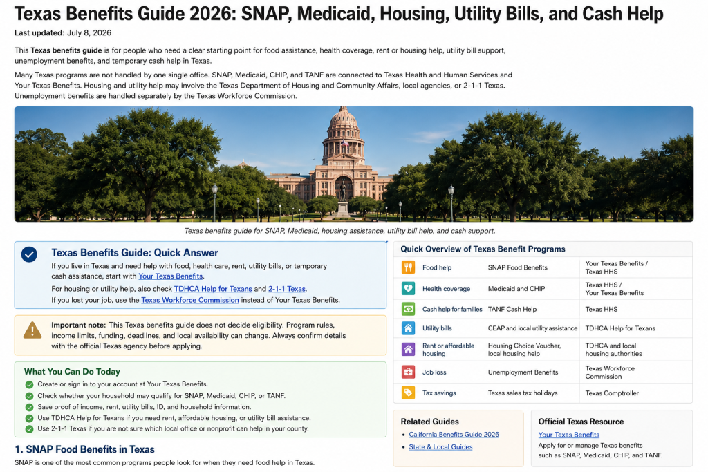 Texas benefits guide for SNAP, Medicaid, housing assistance, utility bill help, and cash support