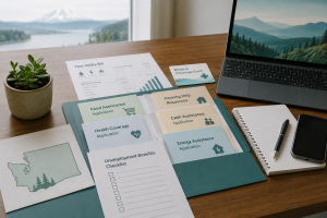 Washington benefits guide application documents for Basic Food, Apple Health, TANF, LIHEAP, housing assistance, cash help, and unemployment