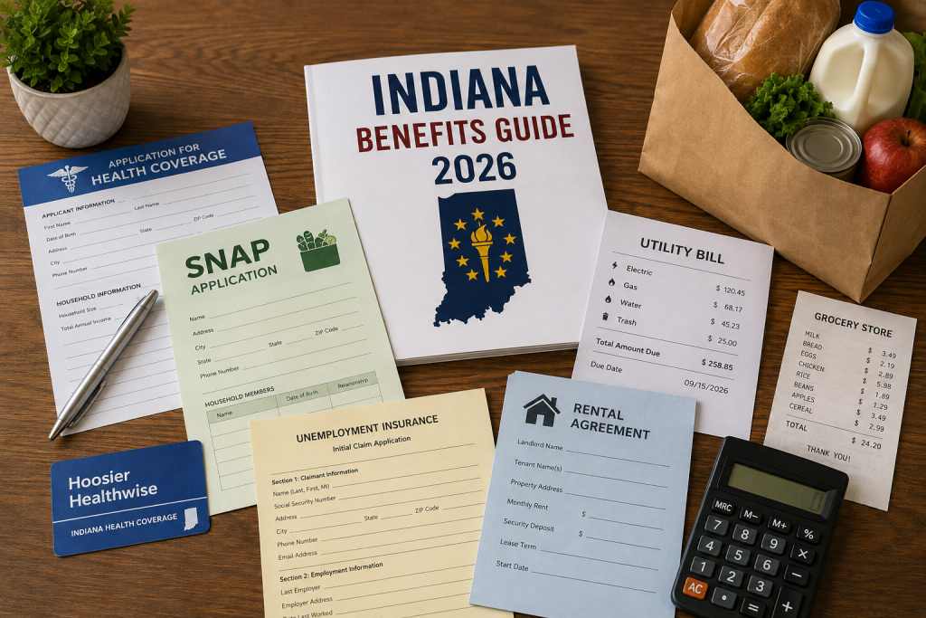 Indiana benefits guide application documents for SNAP, Medicaid, TANF, energy assistance, housing help, and unemployment benefits
