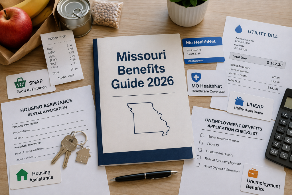 Missouri benefits guide application documents for SNAP, MO HealthNet, TANF, LIHEAP, housing assistance, utility help, and unemployment benefits