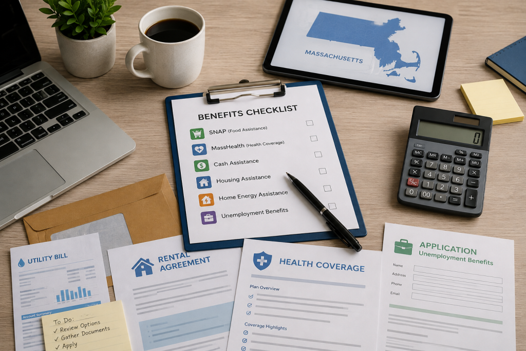 Massachusetts benefits guide application documents for SNAP, MassHealth, TAFDC, home energy assistance, housing assistance, cash help, and unemployment