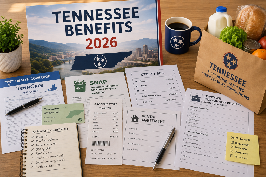 Tennessee benefits guide application documents for SNAP, TennCare, CoverKids, Families First, LIHEAP, housing assistance, and unemployment