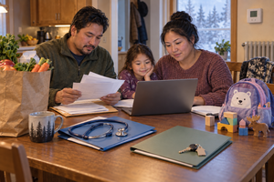 Alaska family reviewing benefit applications with groceries, medical documents, child care supplies, heating controls, and housing papers.