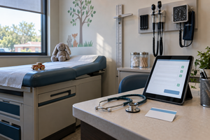 Pediatric clinic enrollment station representing Arkansas Medicaid and ARKids First coverage.