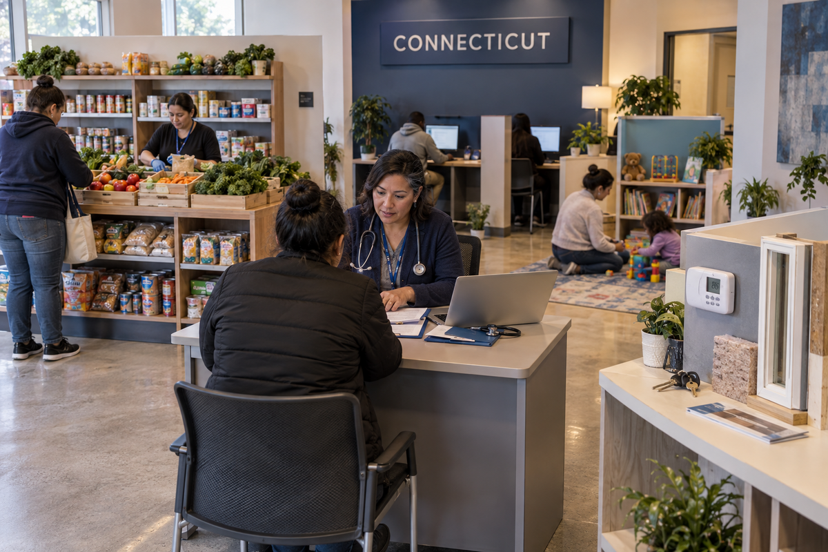 Connecticut community resource center with food, health, child care, housing, energy and employment assistance stations.