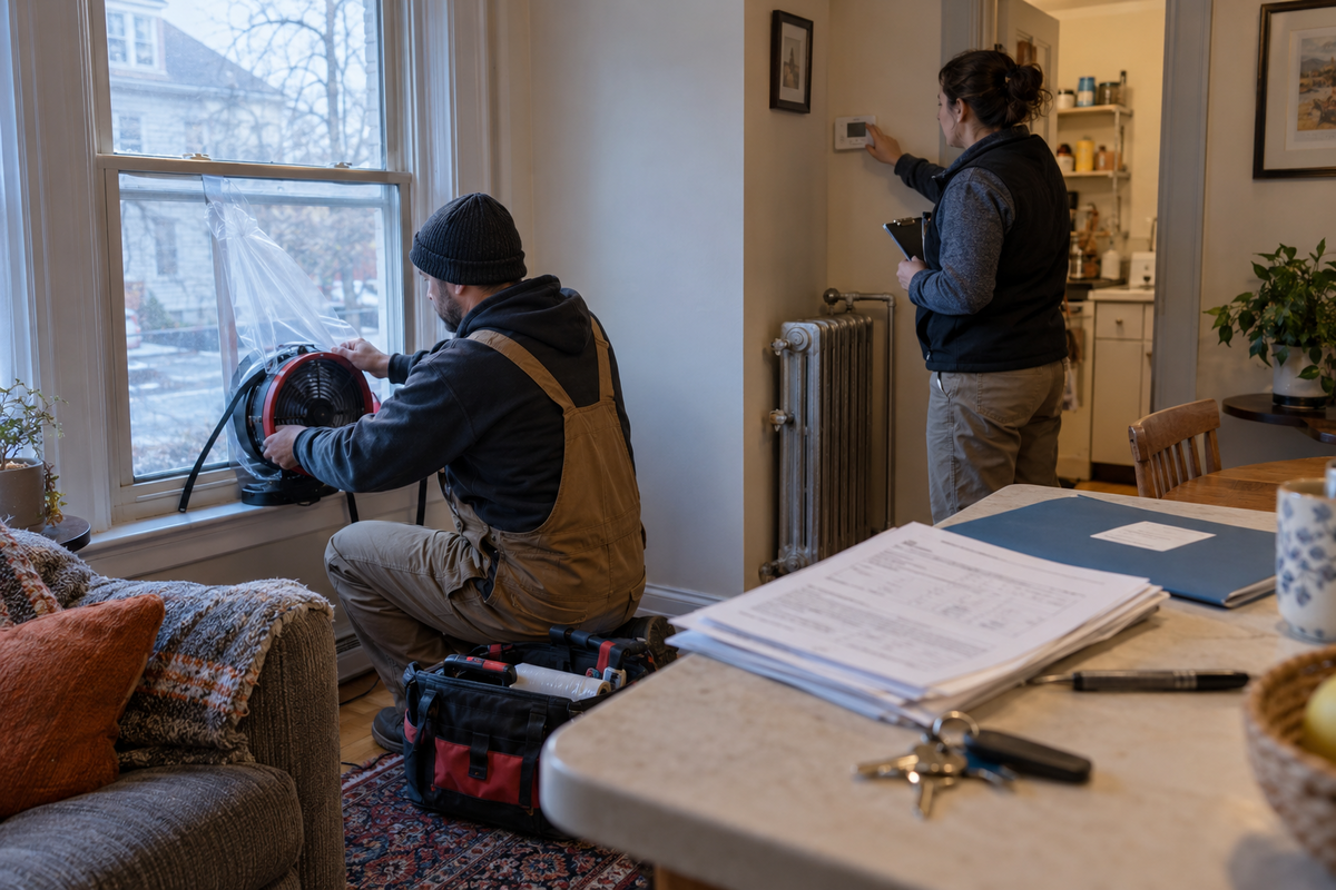 Weatherization technicians checking a window, thermostat and heating system in a Connecticut rental apartment.