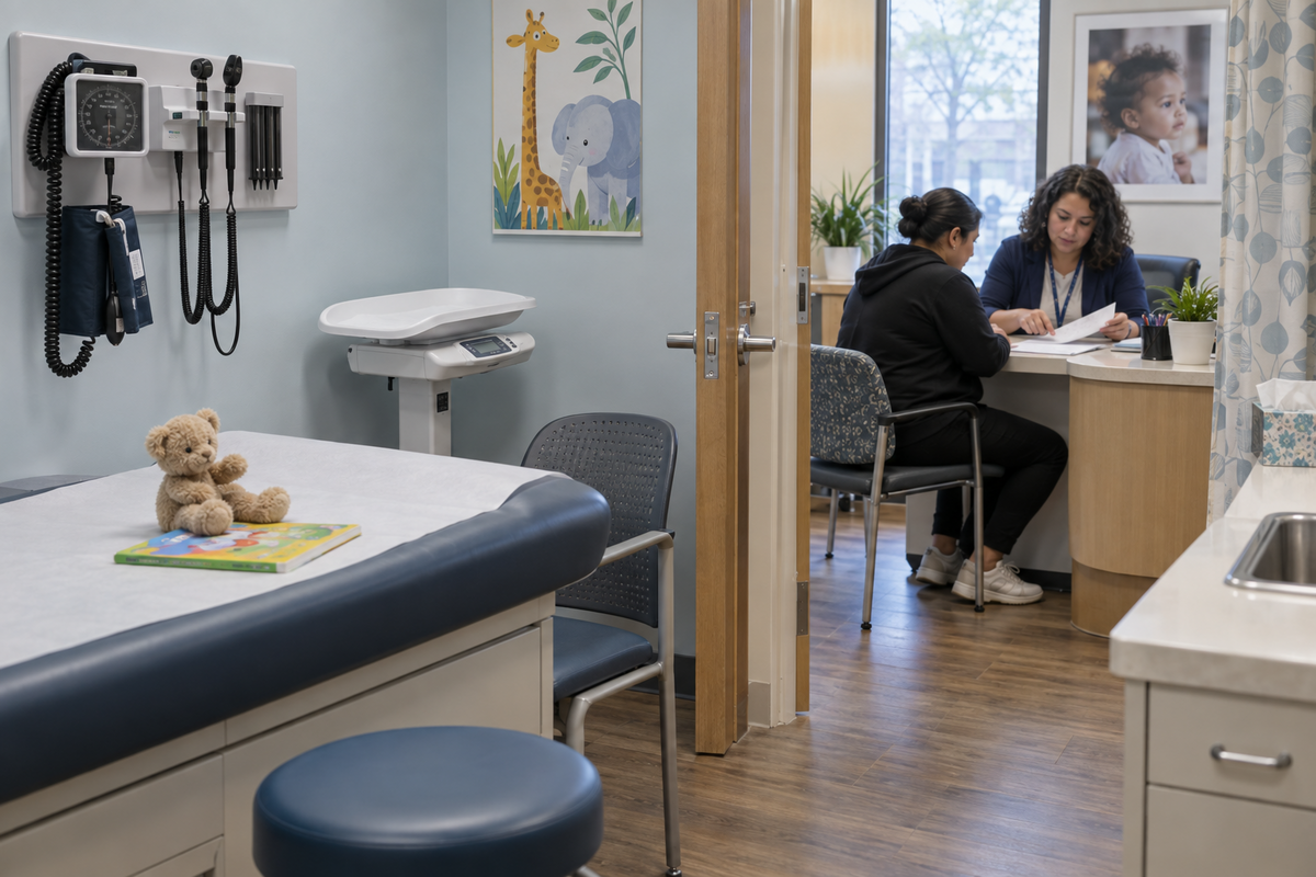 Community clinic exam room beside a private HUSKY Health enrollment consultation.