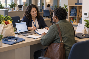 Benefits counselor helping a Delaware resident connect food, health, child care, energy, housing, and job support services.