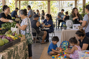Hawaii community resource fair with food distribution, health screening, child care, energy assistance, and housing support.