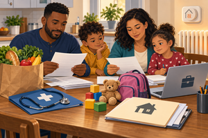 Kansas family reviewing benefit applications with groceries, medical care, child care, heating and housing support materials.