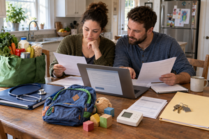Kentucky family reviewing benefit applications with groceries, medical documents, child care items, a utility thermostat, and housing keys.