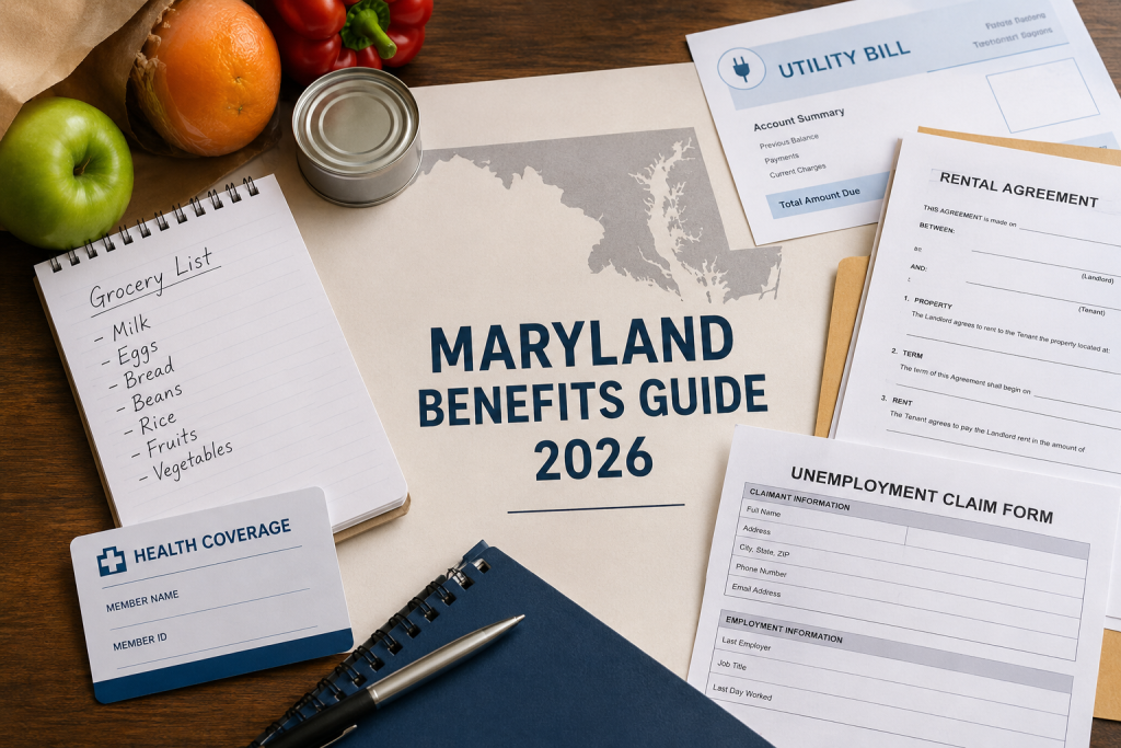Maryland benefits guide application documents for SNAP, Medicaid, Temporary Cash Assistance, energy assistance, housing, and unemployment benefits