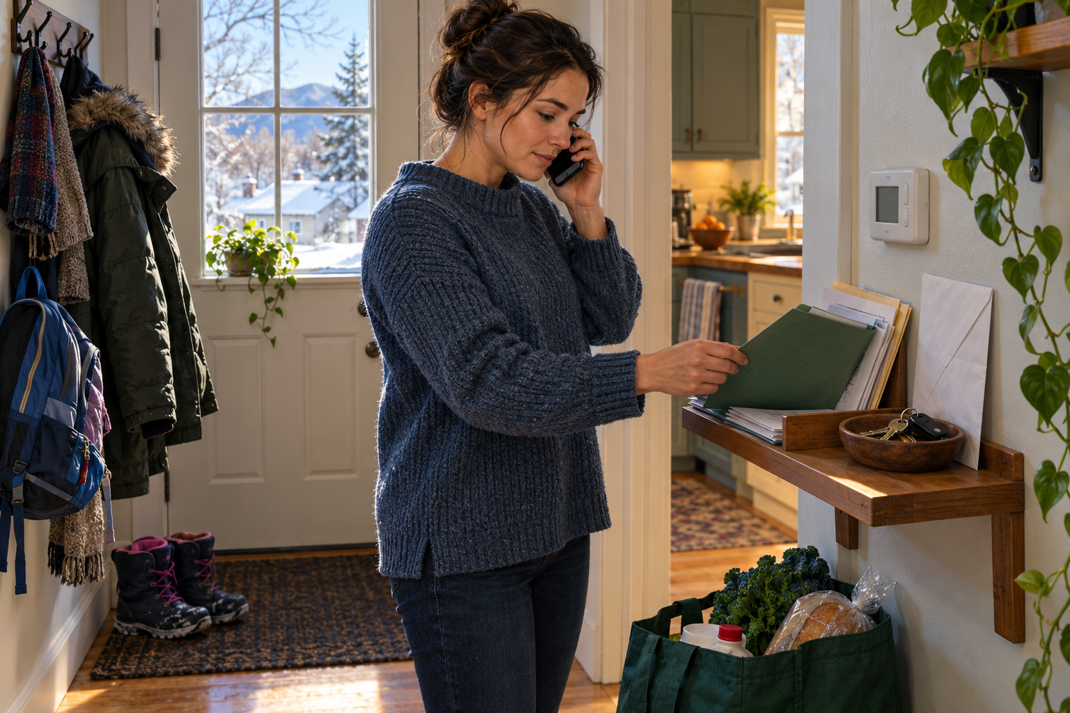New Hampshire resident organizing benefit application documents at home during winter.