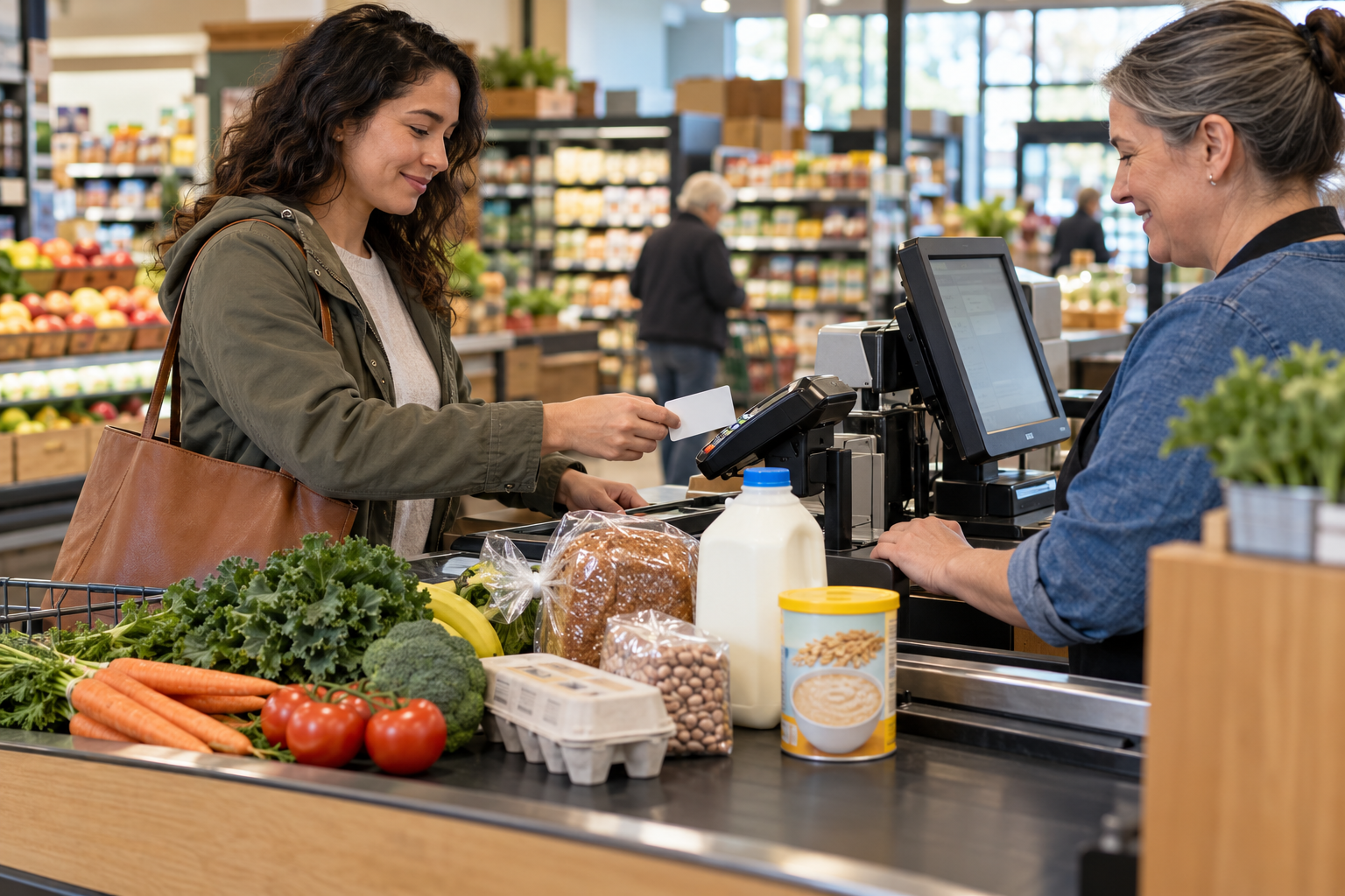 Shopper using an unbranded benefits card for groceries at a New Hampshire market checkout.