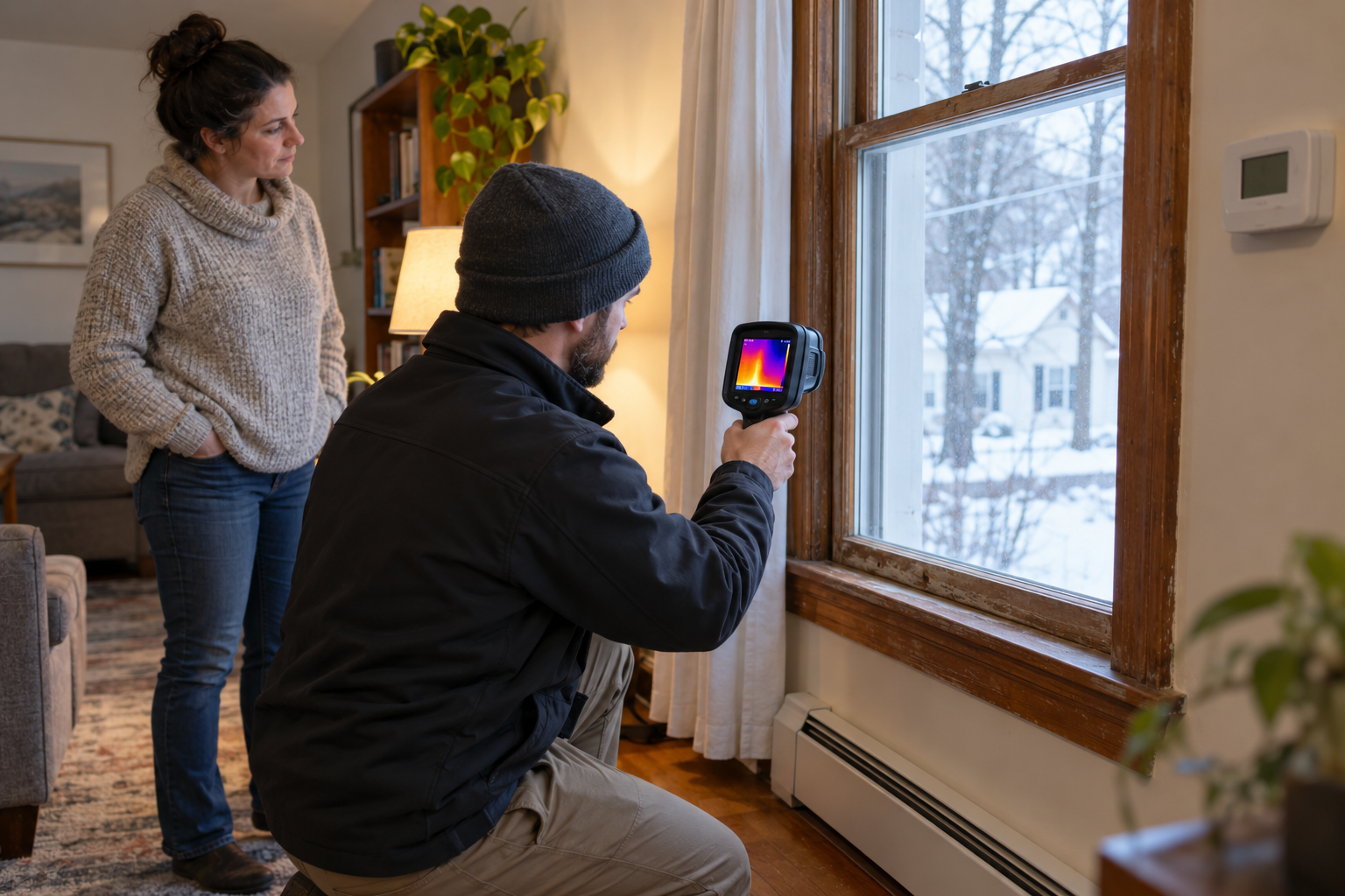 Energy auditor checking heat loss at a window in a New Hampshire home during winter.