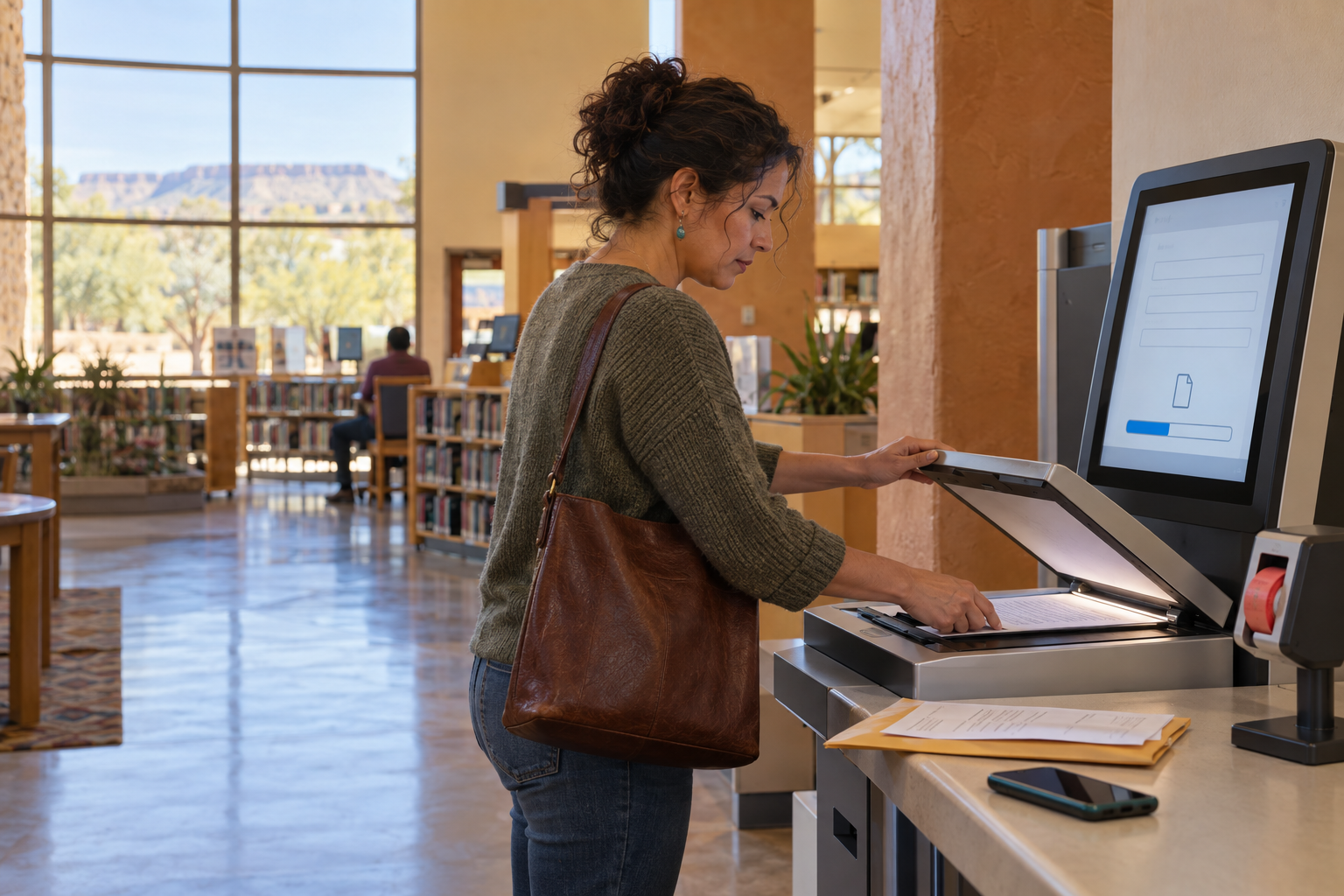 A New Mexico resident scans an application document at a public self-service kiosk.
