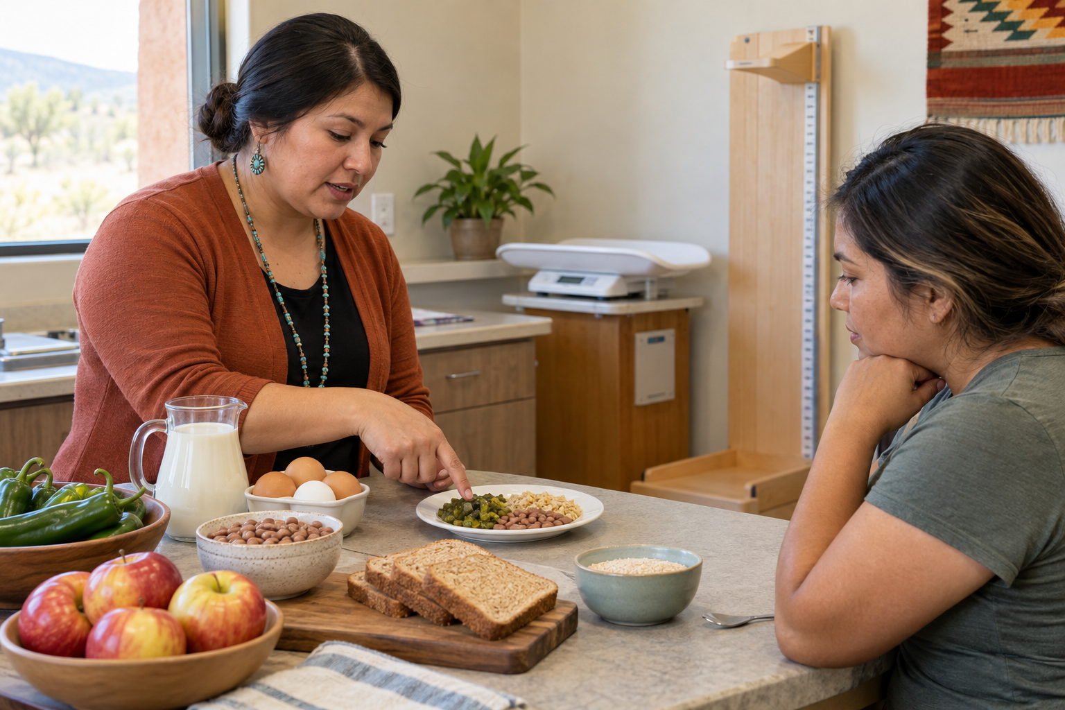 A nutrition counselor explains a balanced plate with WIC foods in a clinic.