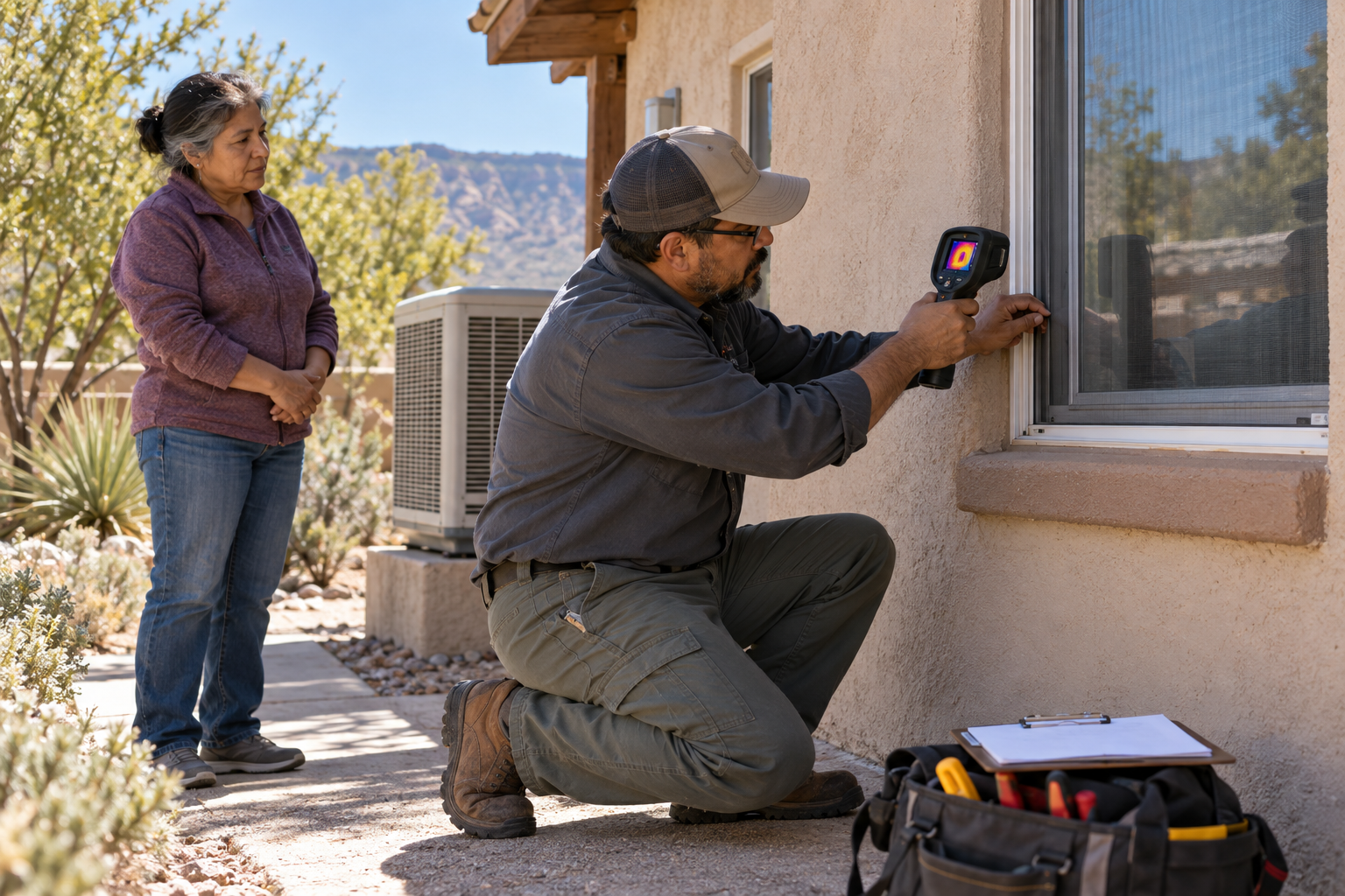 An energy assessor checks a stucco home's window with a thermal camera.
