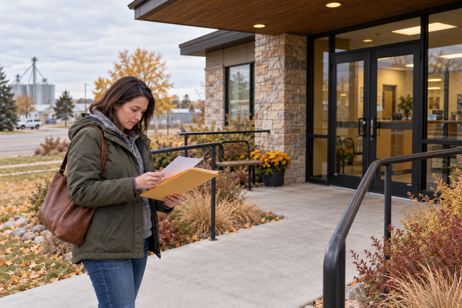 A North Dakota resident reviews an organized application folder outside a public service office.