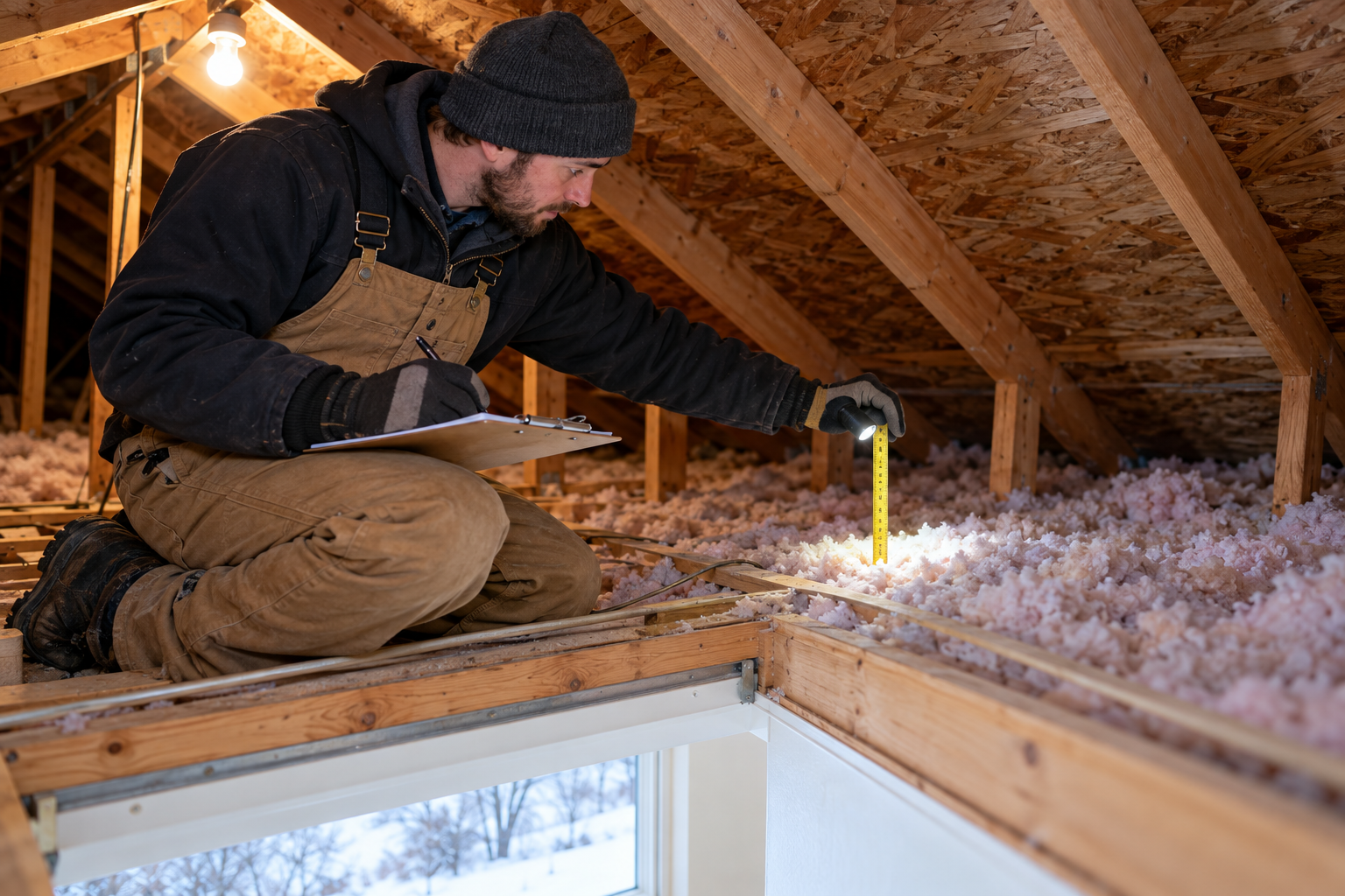 A weatherization technician measures attic insulation in a North Dakota home.