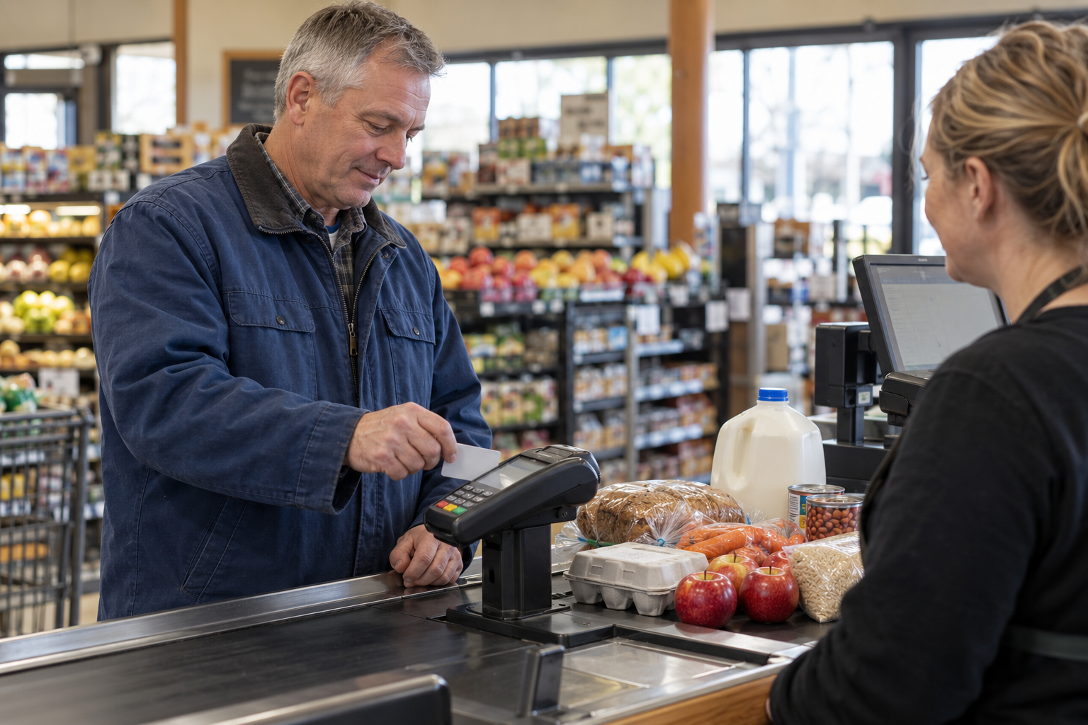 A shopper uses an unbranded benefit card to buy groceries at a North Dakota market checkout.