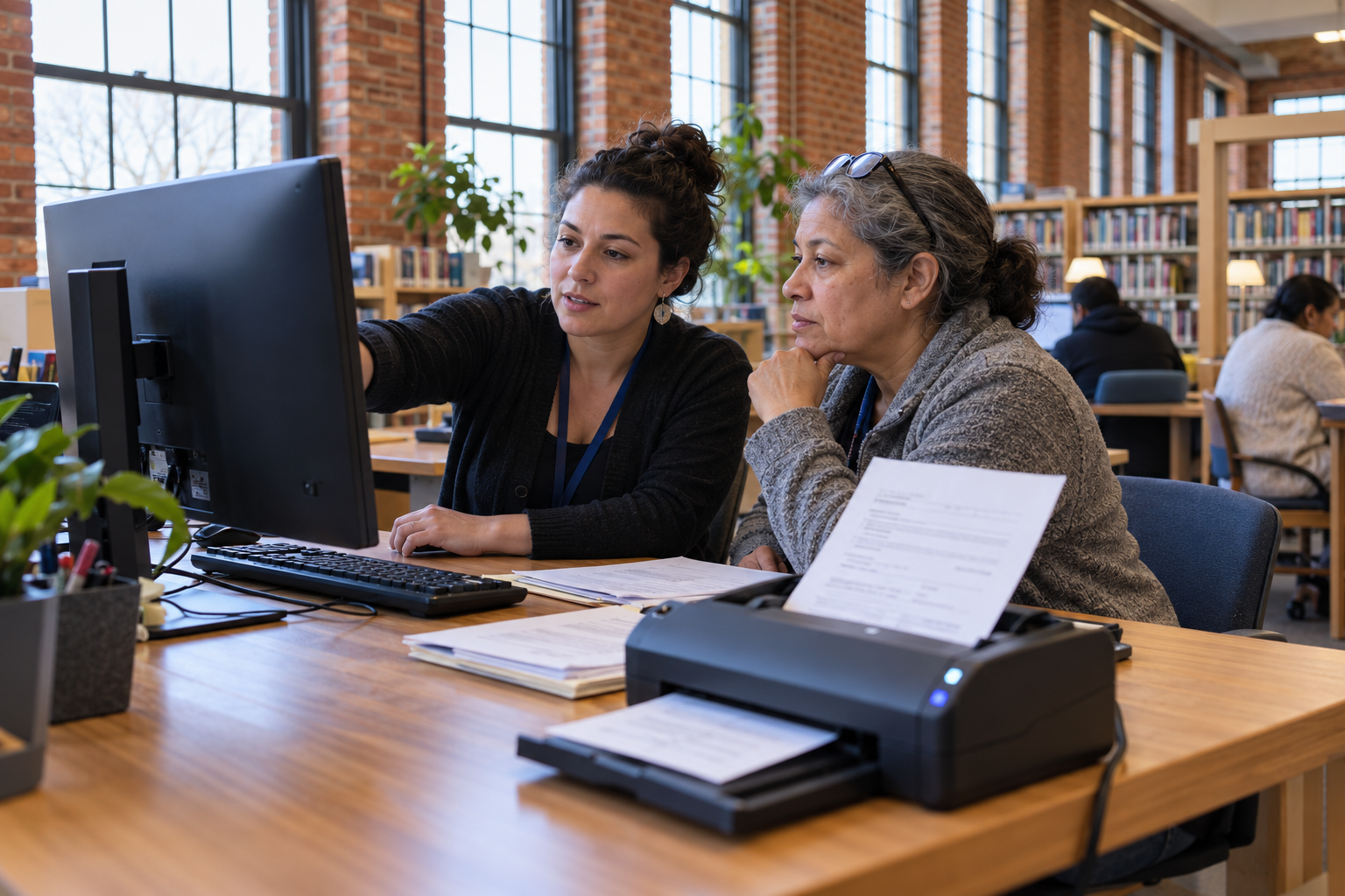 A library navigator helps a Rhode Island resident complete an online benefits application at a desktop computer.