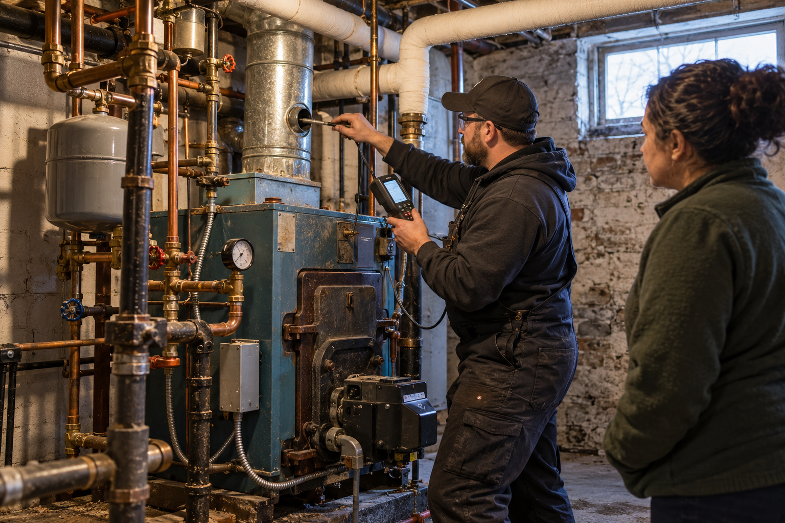 A heating technician performs a combustion safety test on an older residential boiler.