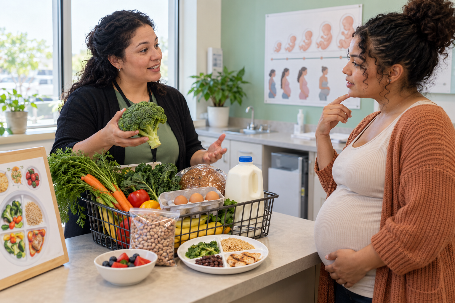 A nutrition educator discusses healthy foods with a pregnant WIC participant in a clinic.