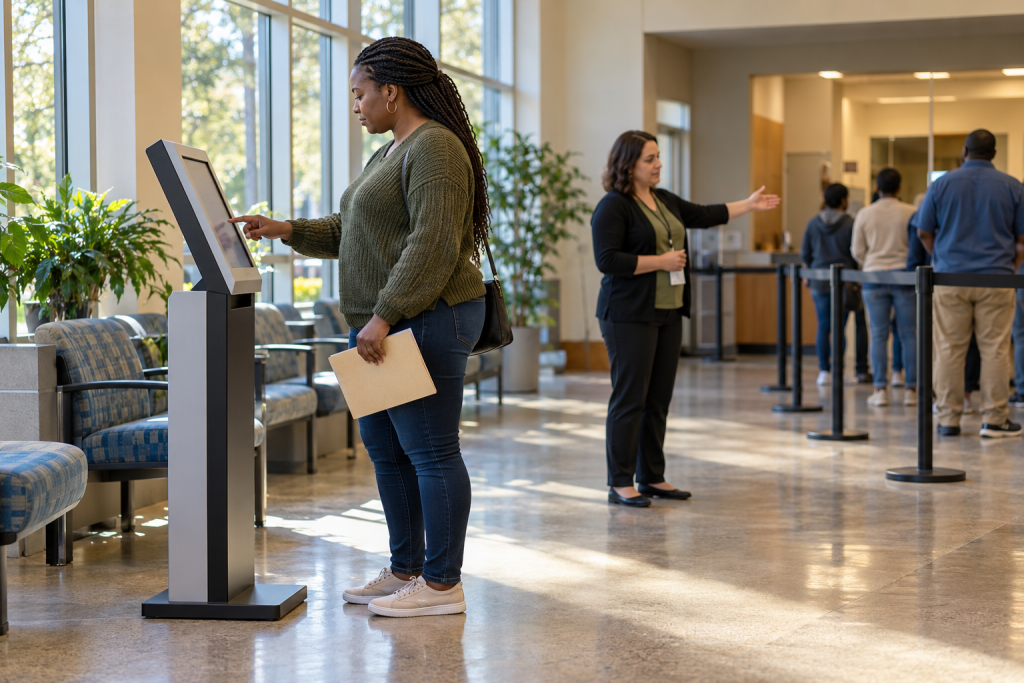 A woman uses a self-service kiosk in a public office lobby.