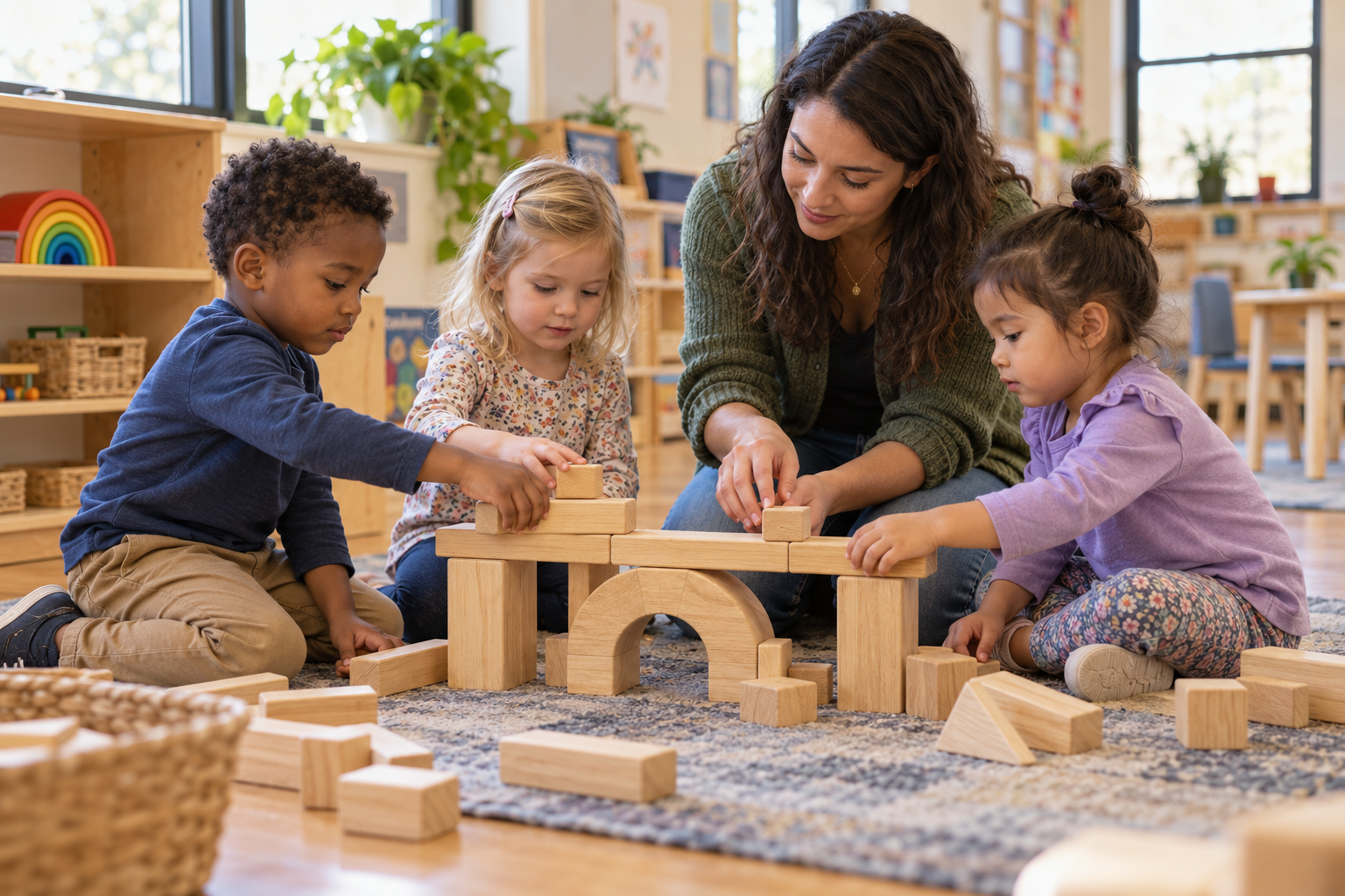 A teacher helps preschool children build a wooden block bridge in a child care classroom.