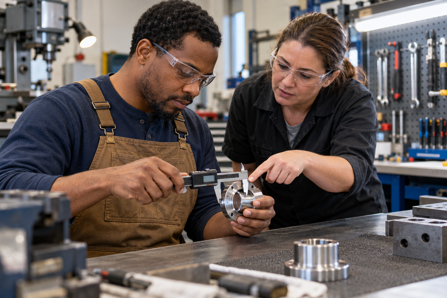 A workforce coach guides a job seeker using a digital caliper in a technical training lab.