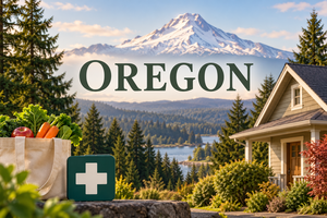 Oregon benefits guide illustration with Mount Hood, groceries, health care and a home