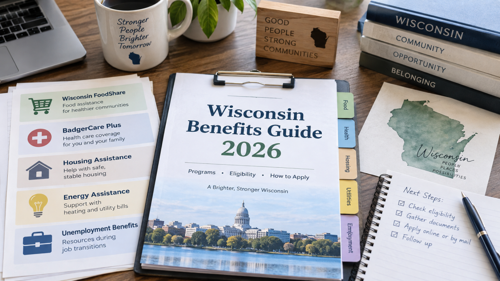 Wisconsin benefits guide application documents for FoodShare, BadgerCare Plus, W-2, energy assistance, housing help, and unemployment benefits