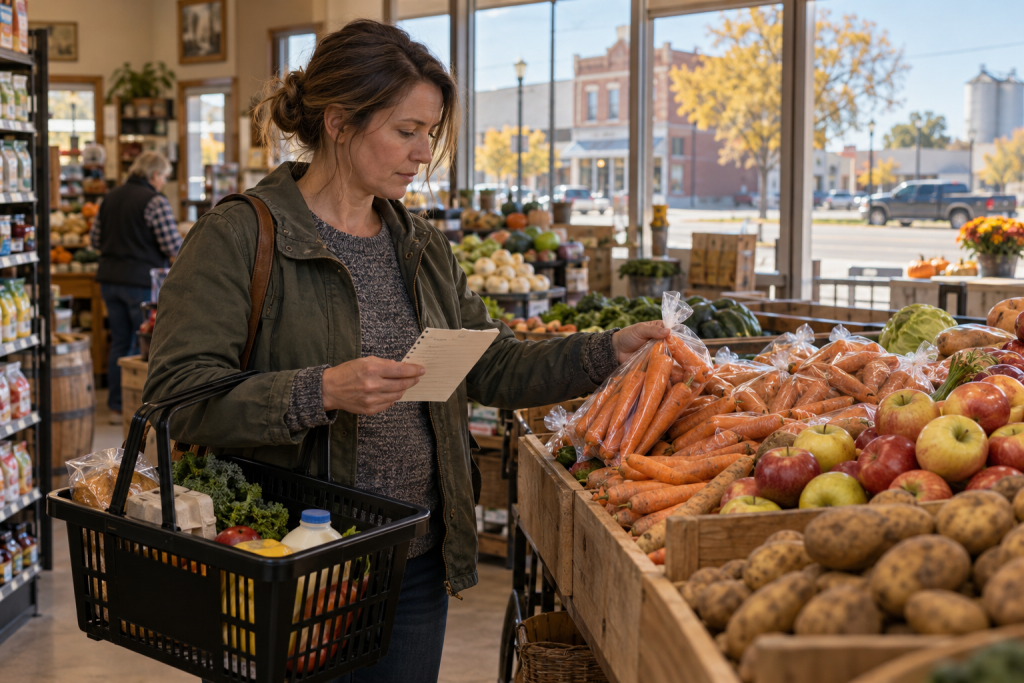 AI-generated illustration of a shopper choosing vegetables in a South Dakota grocery store.
