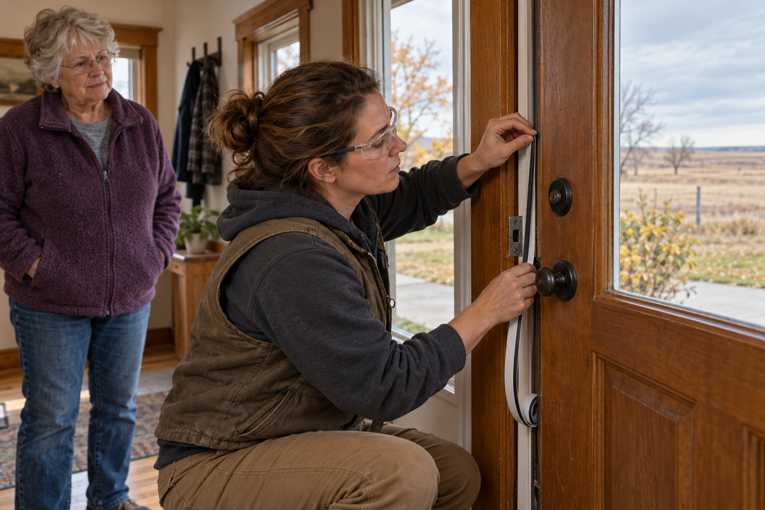 AI-generated illustration of a technician sealing a drafty door in a South Dakota home.