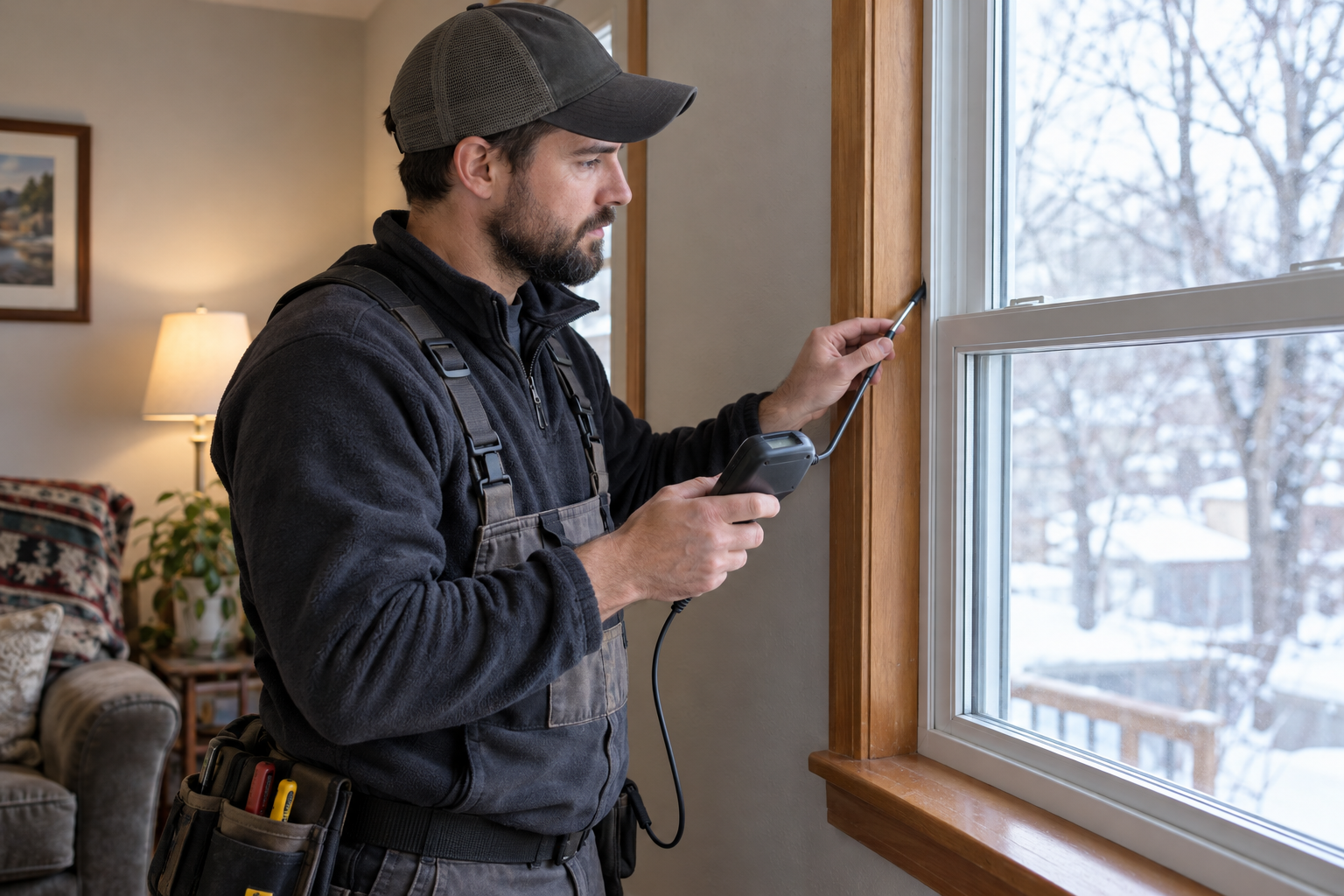 Weatherization technician using a handheld diagnostic instrument and probe to check a window seam for air leaks.