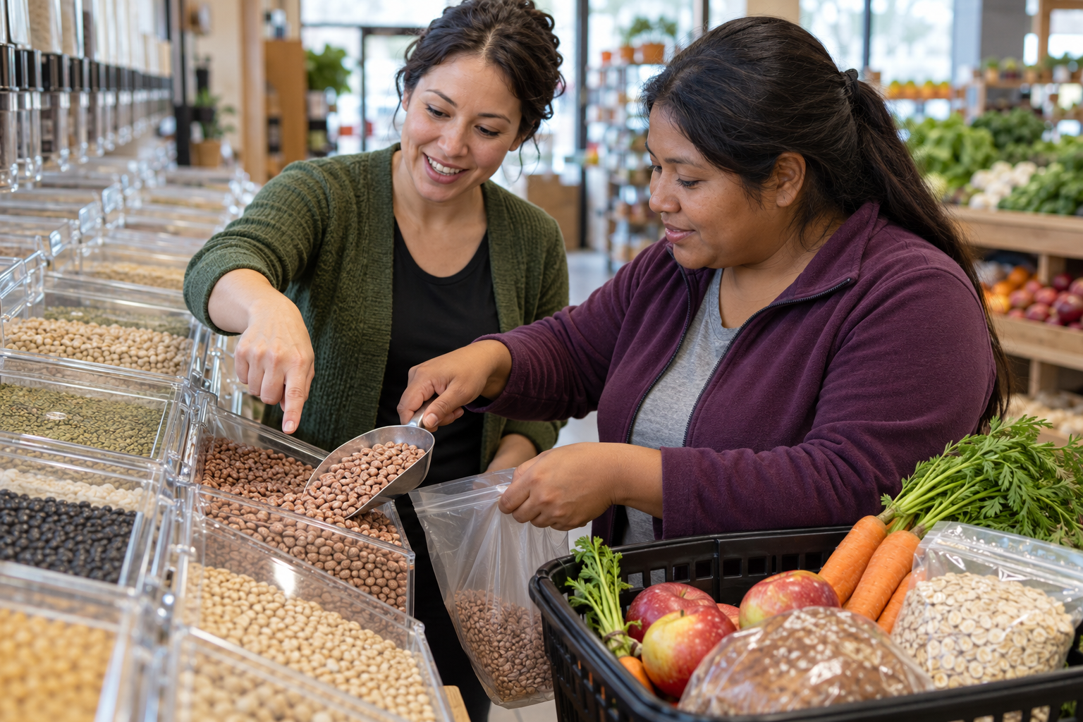 Nutrition counselor pointing to dry beans while an adult shopper scoops beans into a bag at a grocery store.
