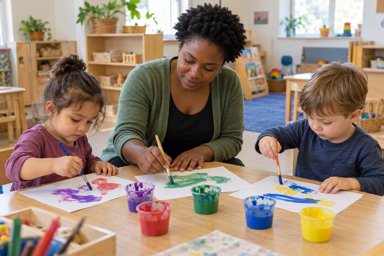 A child-care educator demonstrates painting while two children paint on their own sheets of paper.