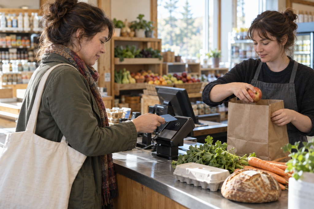A shopper holds a payment card over a checkout terminal while a grocery clerk places an apple in a paper bag.