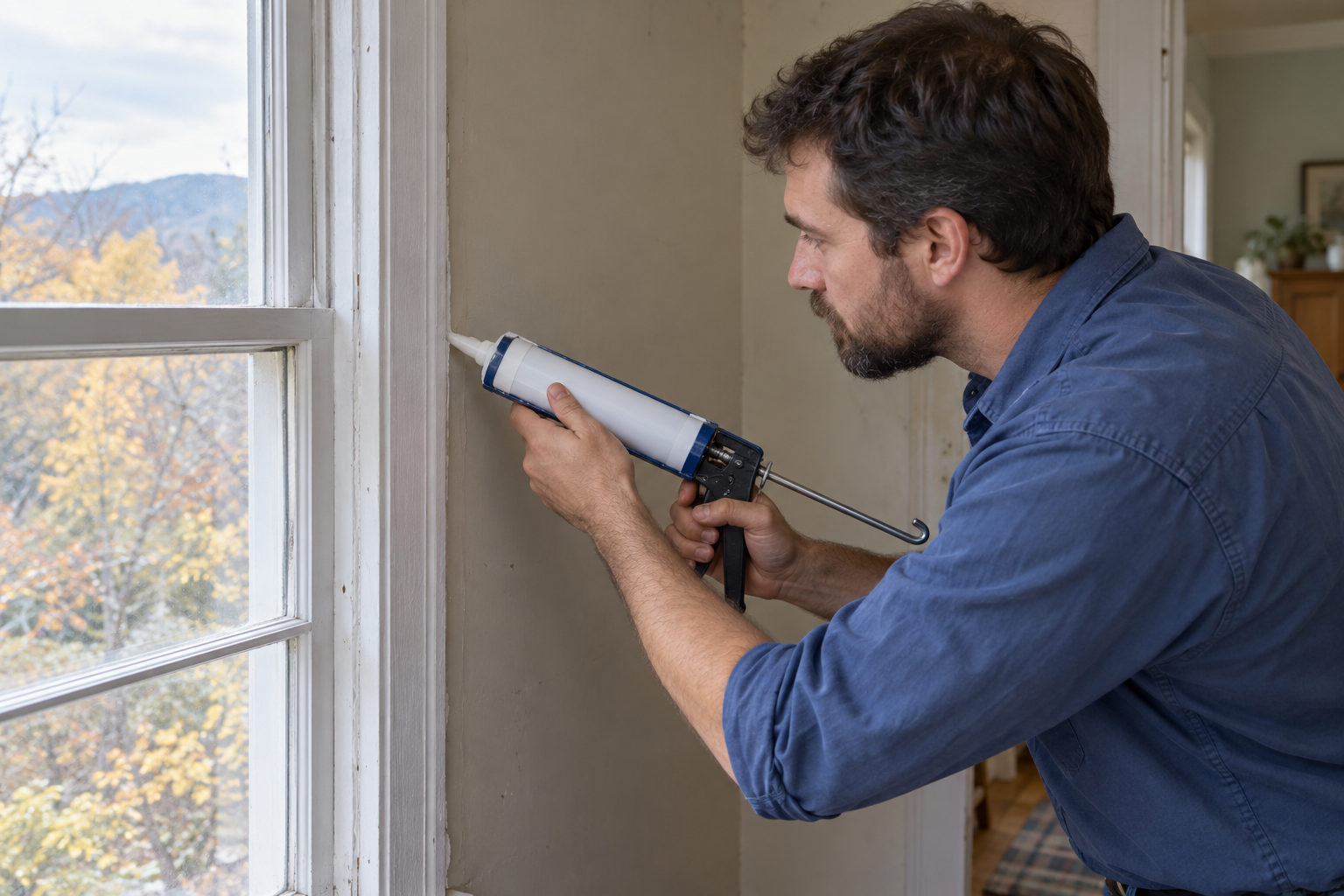 A technician uses a caulking gun to seal the seam beside a wooden window frame.